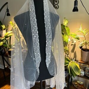 Elegant White Beaded Fingertip Bridal Veil